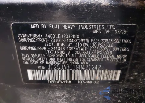 2016 Subaru Forester 2.5I from USA, damaged, VIN JF2SJABC1GH421242